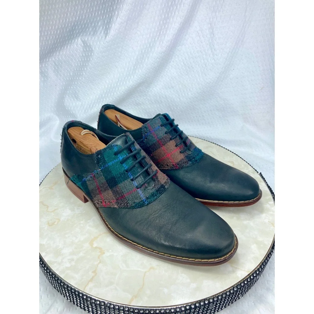 Cole Haan Plaid Wool Leather Oxford Dress Shoes Mens 8.5 Navy Academia Preppy